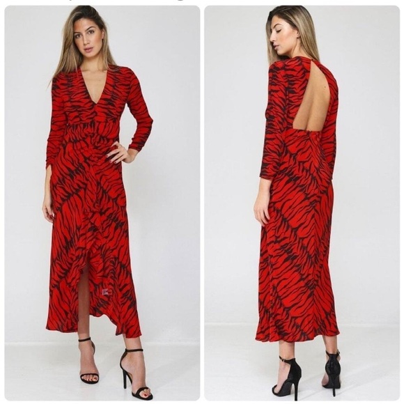 Rixo Adriana Zebra Striped Animal Print Red Black Silk Maxi Dress XS - Picture 1 of 8